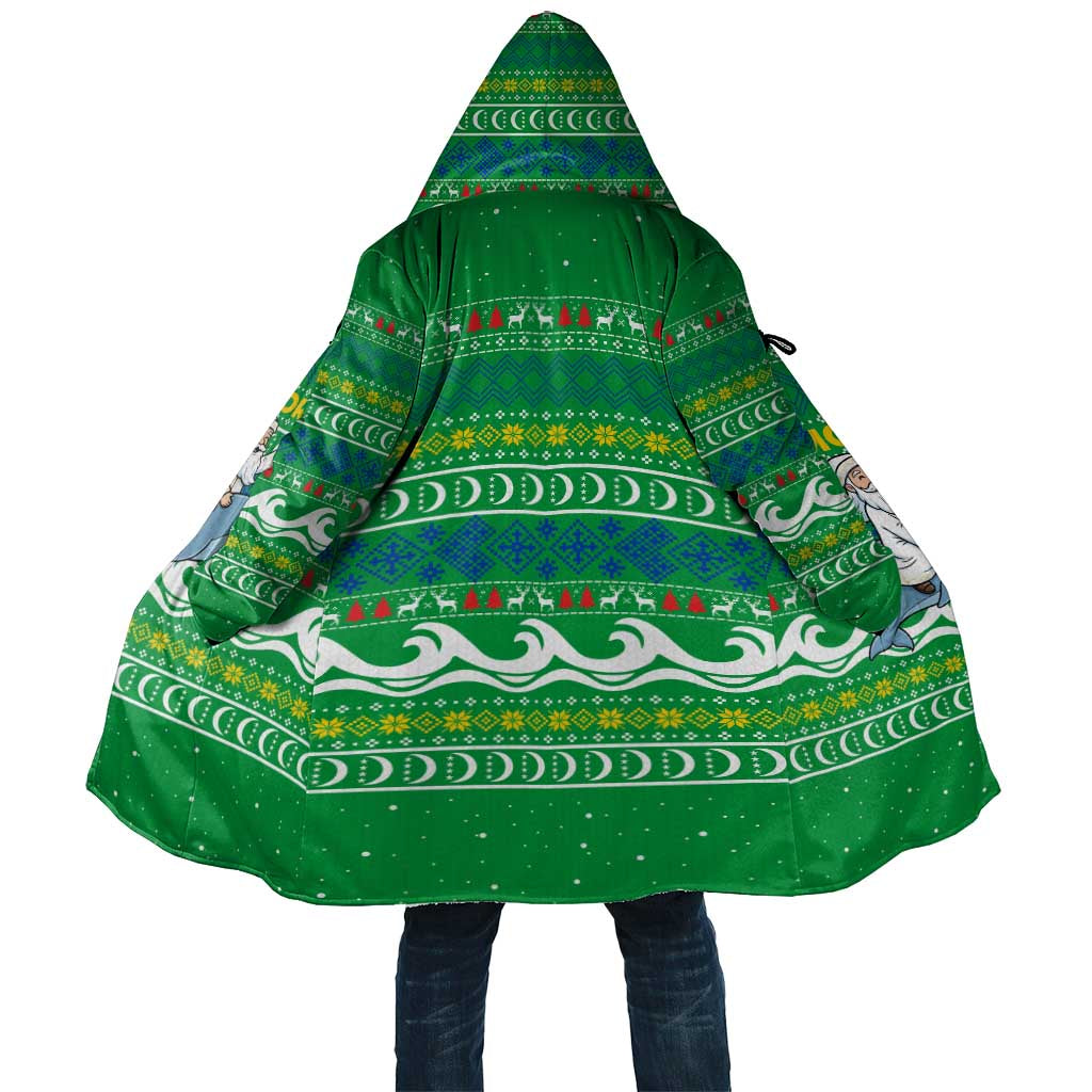 Comoros Christmas Cloak with Santa Riding Dolphin Ocean Waves Crescent Moon and Tribal Pattern - Wonder Print Shop