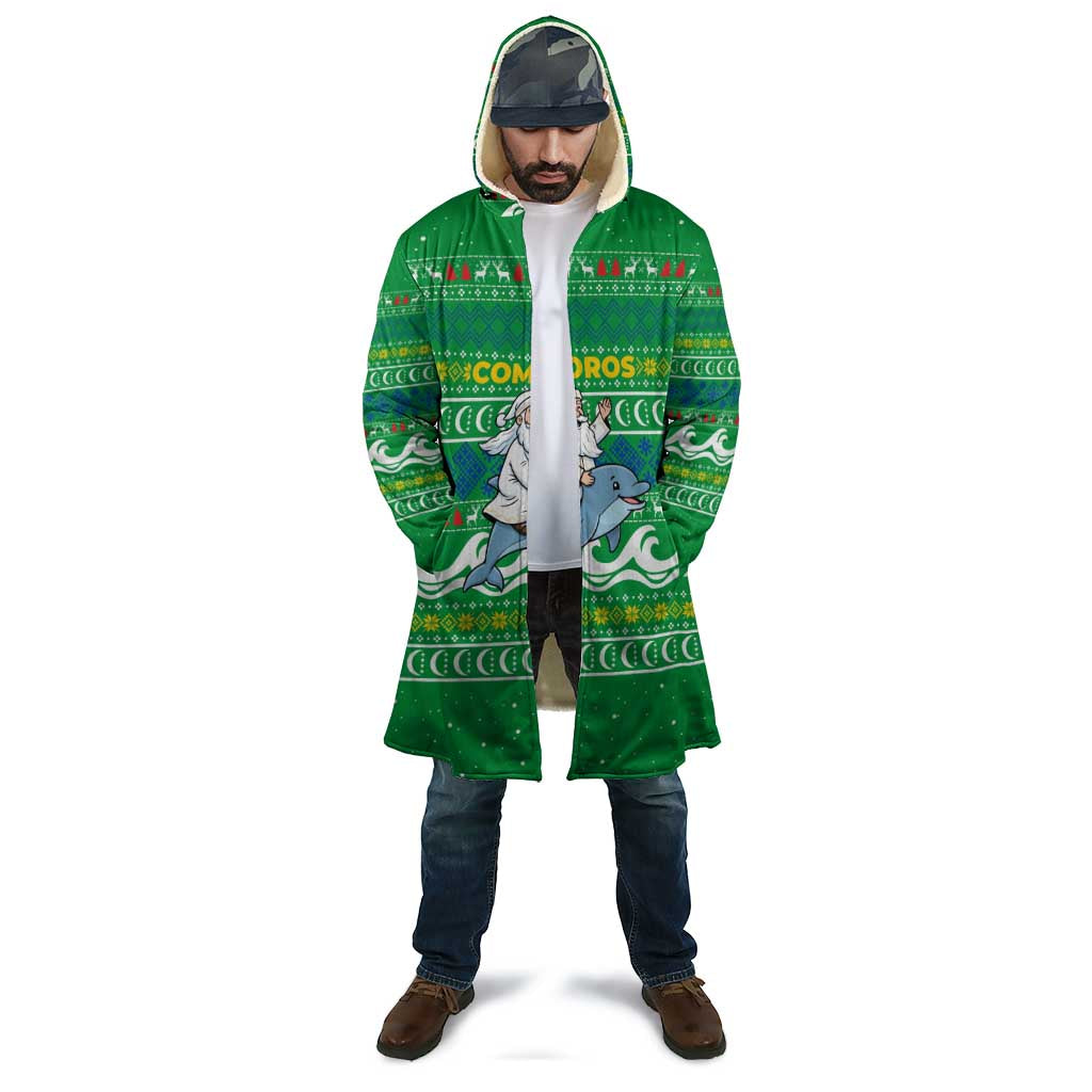 Comoros Christmas Cloak with Santa Riding Dolphin Ocean Waves Crescent Moon and Tribal Pattern - Wonder Print Shop