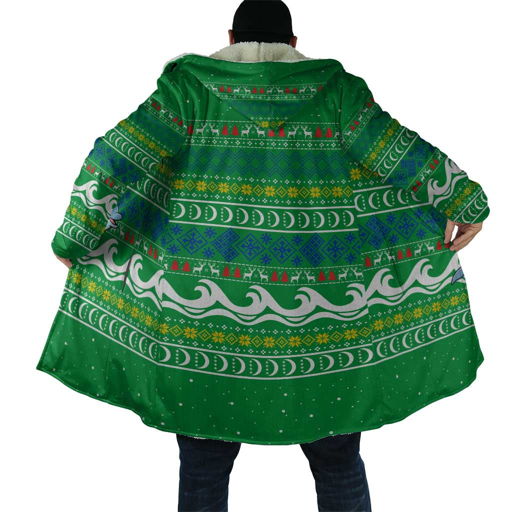 Comoros Christmas Cloak with Santa Riding Dolphin Ocean Waves Crescent Moon and Tribal Pattern - Wonder Print Shop