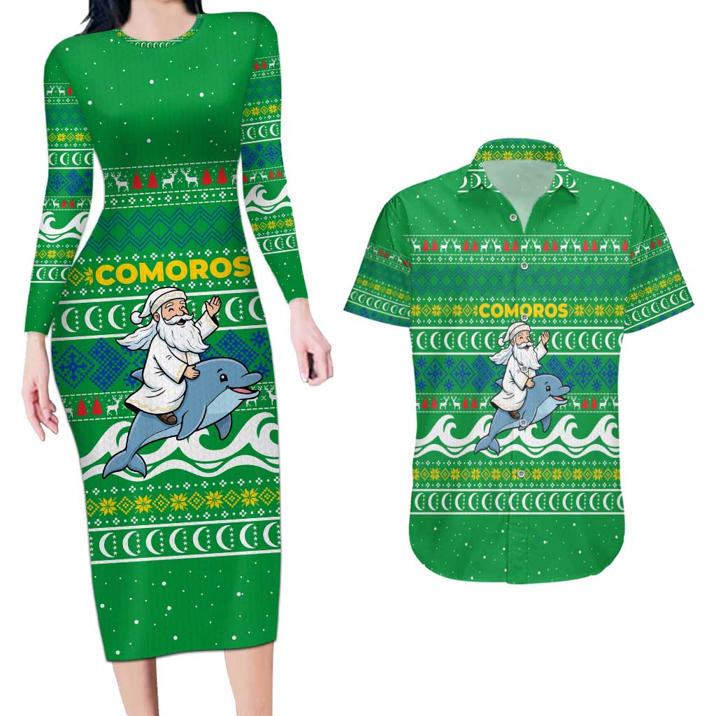 Comoros Christmas Couples Matching Long Sleeve Bodycon Dress and Hawaiian Shirt with Santa Riding Dolphin Ocean Waves Crescent Moon and Tribal Pattern - Wonder Print Shop