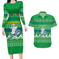 Comoros Christmas Couples Matching Long Sleeve Bodycon Dress and Hawaiian Shirt with Santa Riding Dolphin Ocean Waves Crescent Moon and Tribal Pattern - Wonder Print Shop