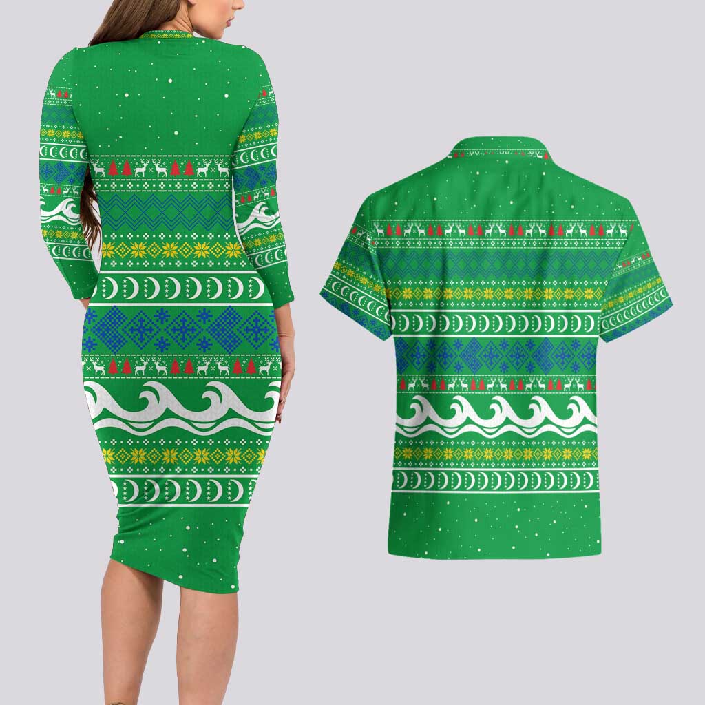 Comoros Christmas Couples Matching Long Sleeve Bodycon Dress and Hawaiian Shirt with Santa Riding Dolphin Ocean Waves Crescent Moon and Tribal Pattern - Wonder Print Shop