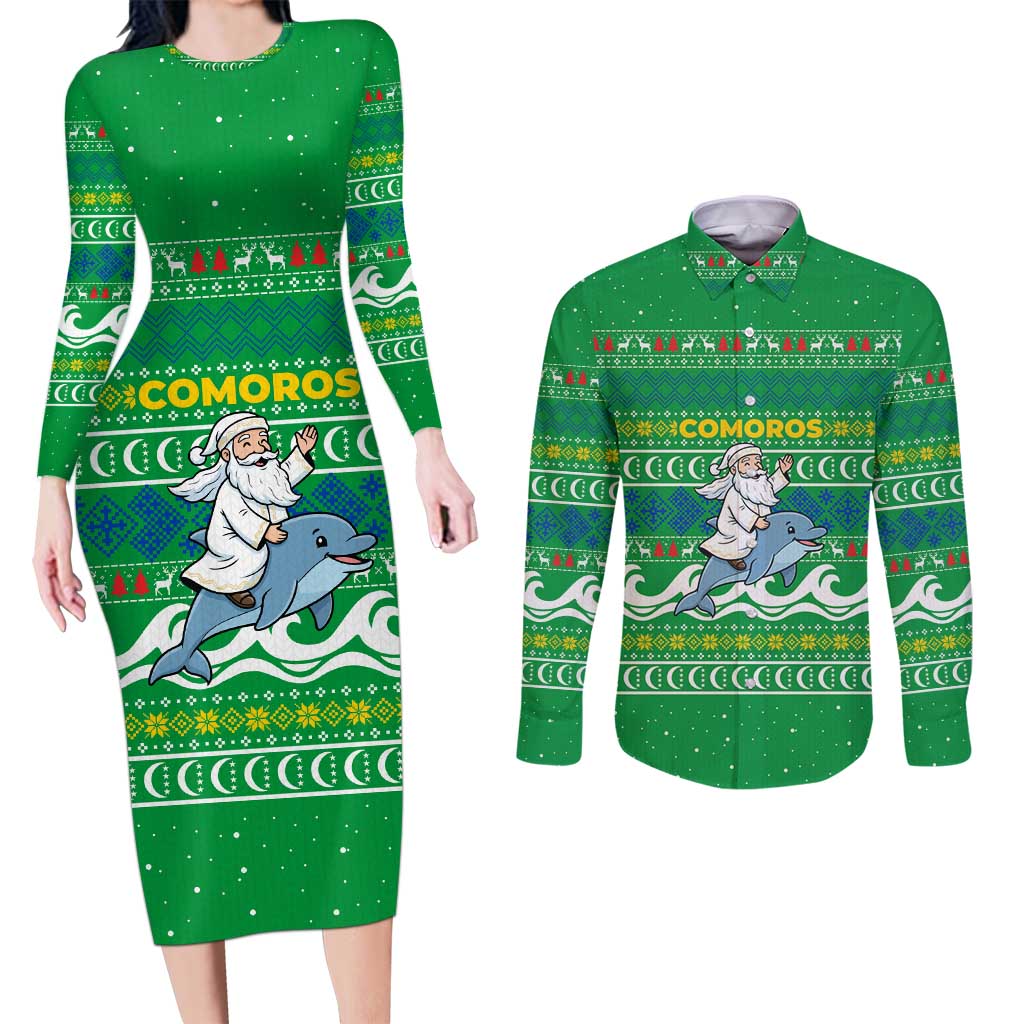 Comoros Christmas Couples Matching Long Sleeve Bodycon Dress and Long Sleeve Button Shirt with Santa Riding Dolphin Ocean Waves Crescent Moon and Tribal Pattern - Wonder Print Shop