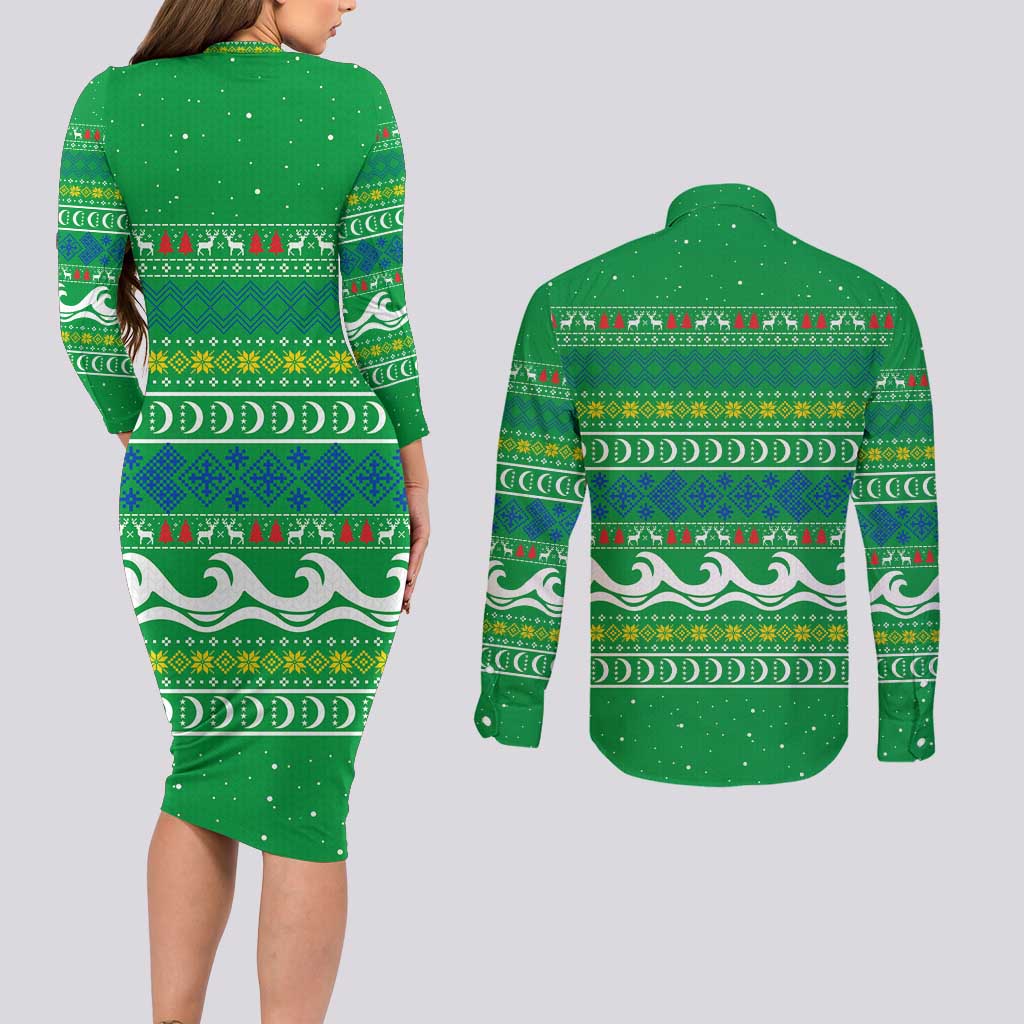 Comoros Christmas Couples Matching Long Sleeve Bodycon Dress and Long Sleeve Button Shirt with Santa Riding Dolphin Ocean Waves Crescent Moon and Tribal Pattern - Wonder Print Shop