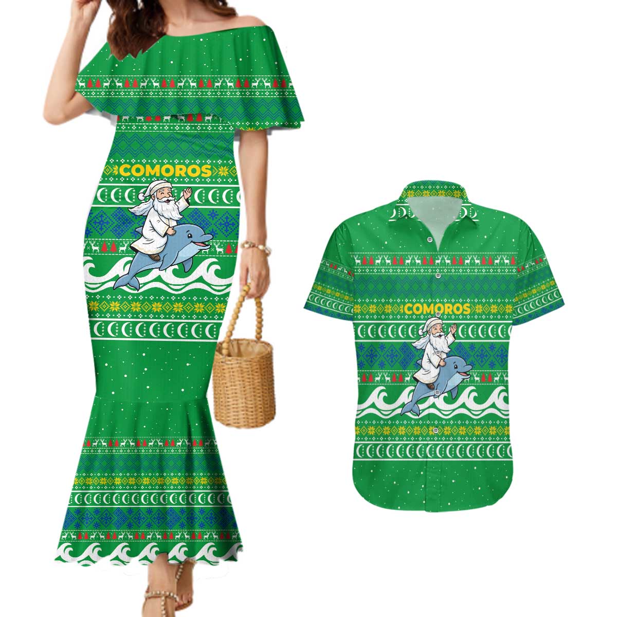 Comoros Christmas Couples Matching Mermaid Dress and Hawaiian Shirt with Santa Riding Dolphin Ocean Waves Crescent Moon and Tribal Pattern - Wonder Print Shop