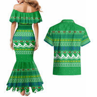 Comoros Christmas Couples Matching Mermaid Dress and Hawaiian Shirt with Santa Riding Dolphin Ocean Waves Crescent Moon and Tribal Pattern - Wonder Print Shop