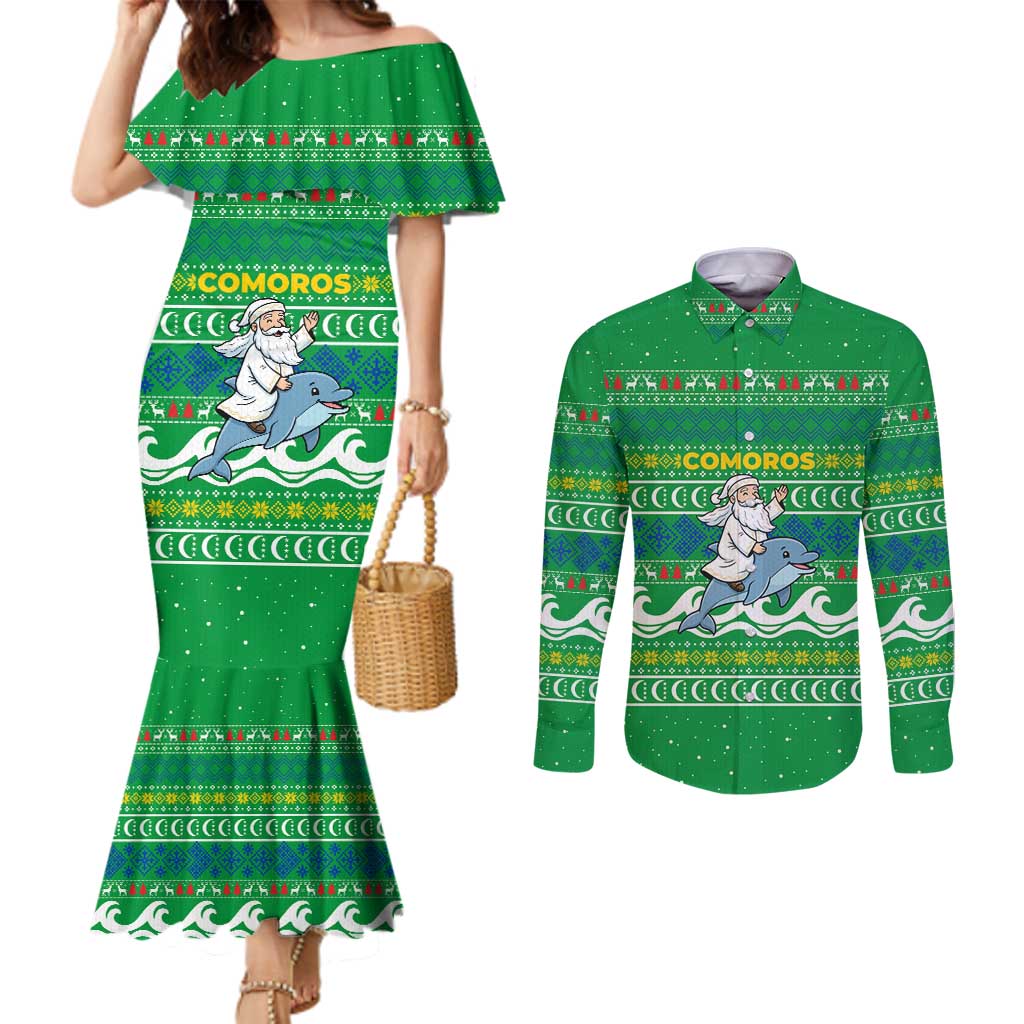Comoros Christmas Couples Matching Mermaid Dress and Long Sleeve Button Shirt with Santa Riding Dolphin Ocean Waves Crescent Moon and Tribal Pattern - Wonder Print Shop
