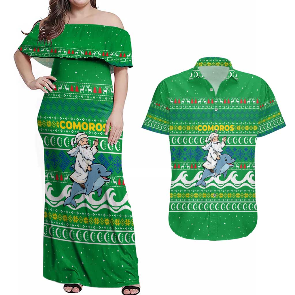 Comoros Christmas Couples Matching Off Shoulder Maxi Dress and Hawaiian Shirt with Santa Riding Dolphin Ocean Waves Crescent Moon and Tribal Pattern - Wonder Print Shop