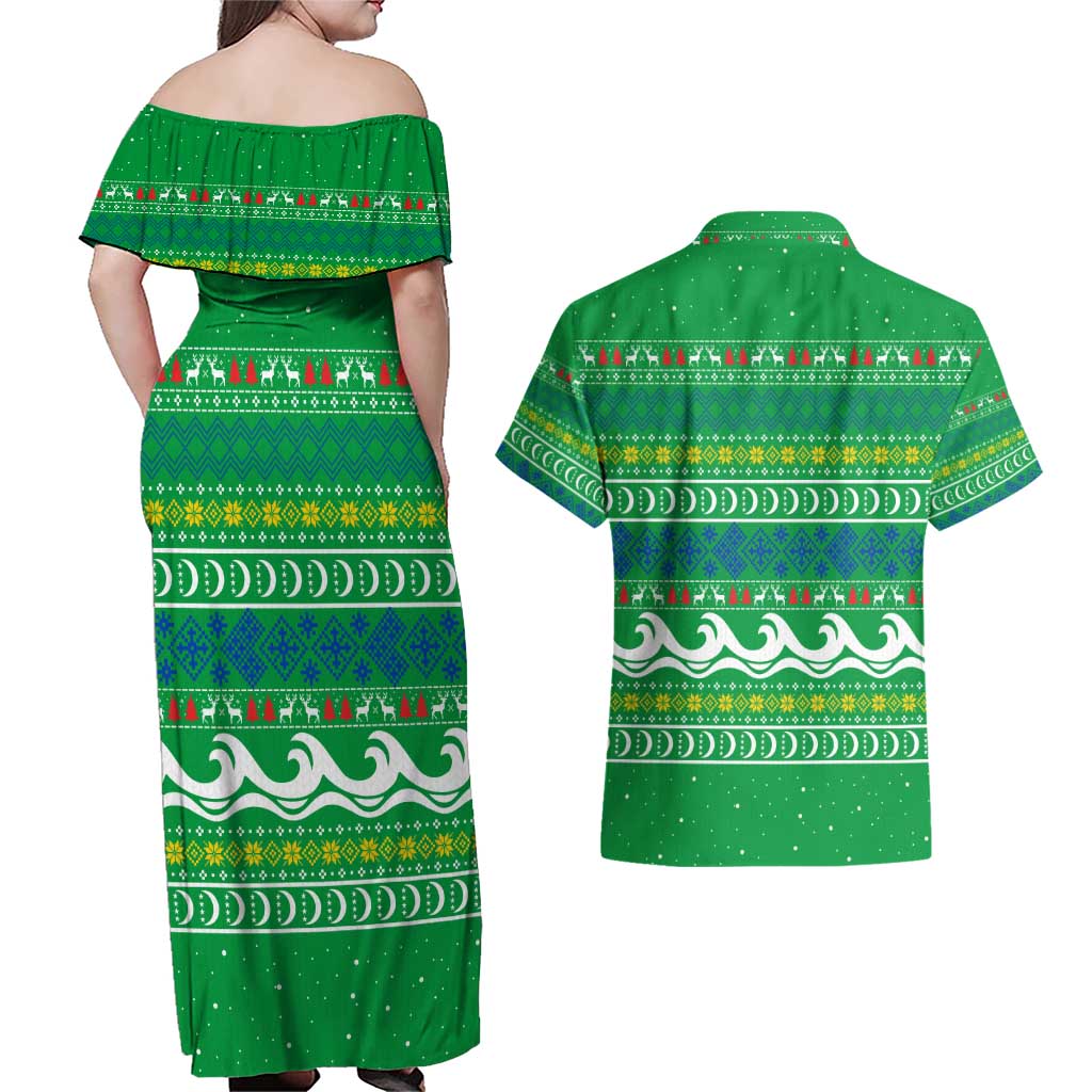 Comoros Christmas Couples Matching Off Shoulder Maxi Dress and Hawaiian Shirt with Santa Riding Dolphin Ocean Waves Crescent Moon and Tribal Pattern - Wonder Print Shop