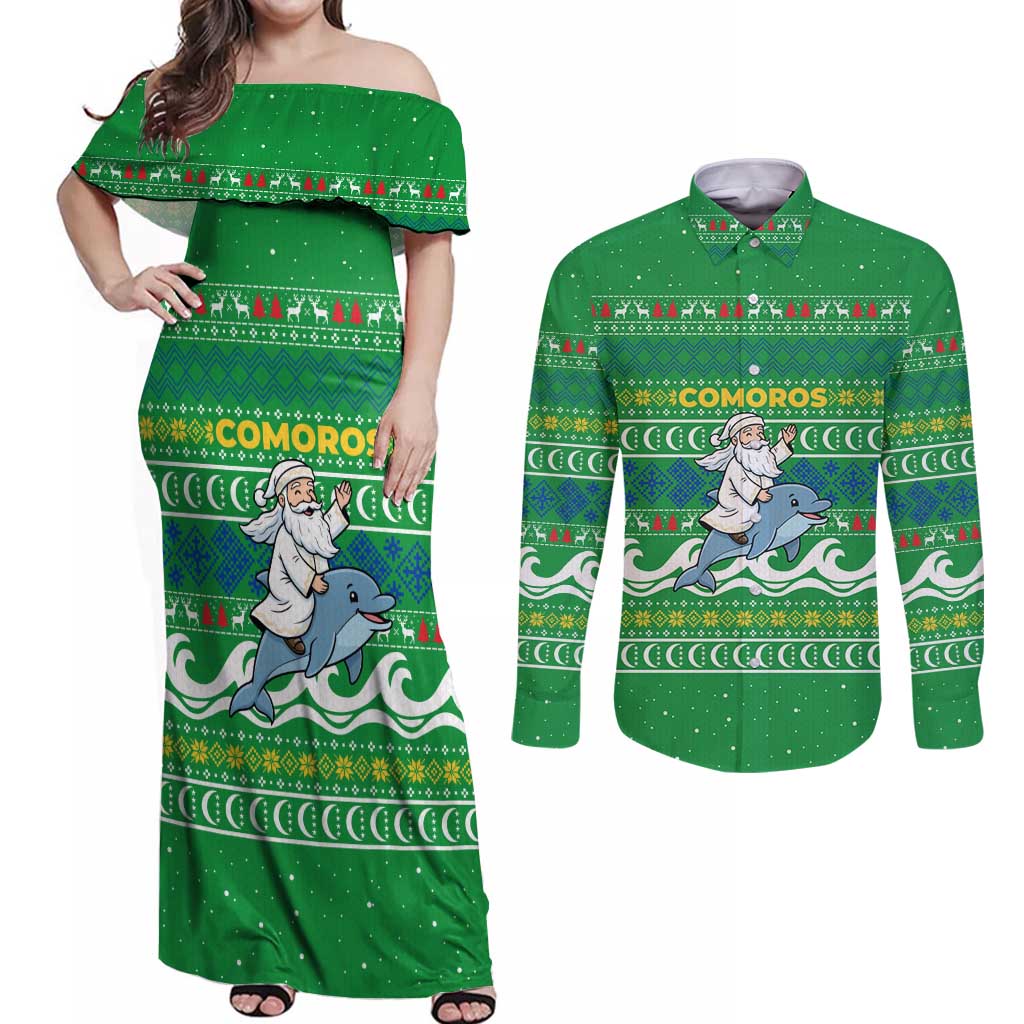 Comoros Christmas Couples Matching Off Shoulder Maxi Dress and Long Sleeve Button Shirt with Santa Riding Dolphin Ocean Waves Crescent Moon and Tribal Pattern - Wonder Print Shop