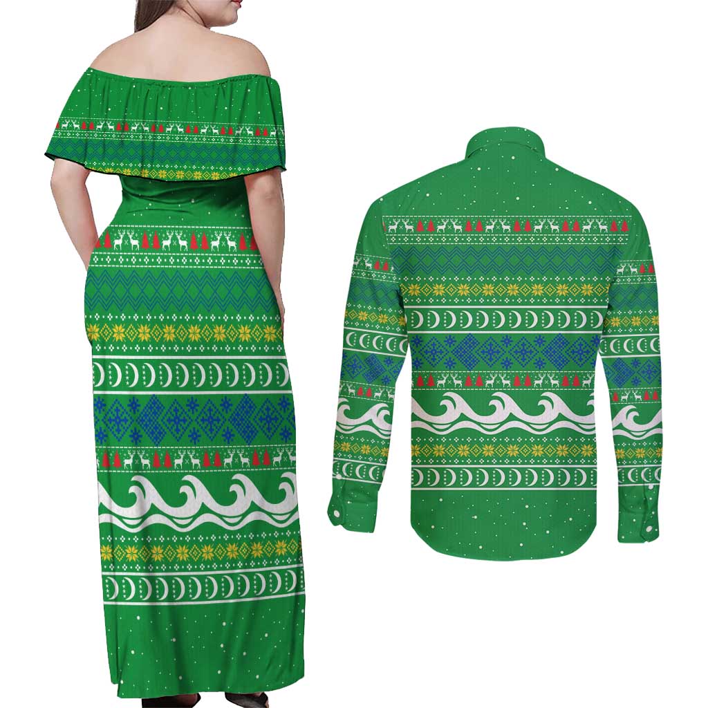 Comoros Christmas Couples Matching Off Shoulder Maxi Dress and Long Sleeve Button Shirt with Santa Riding Dolphin Ocean Waves Crescent Moon and Tribal Pattern - Wonder Print Shop
