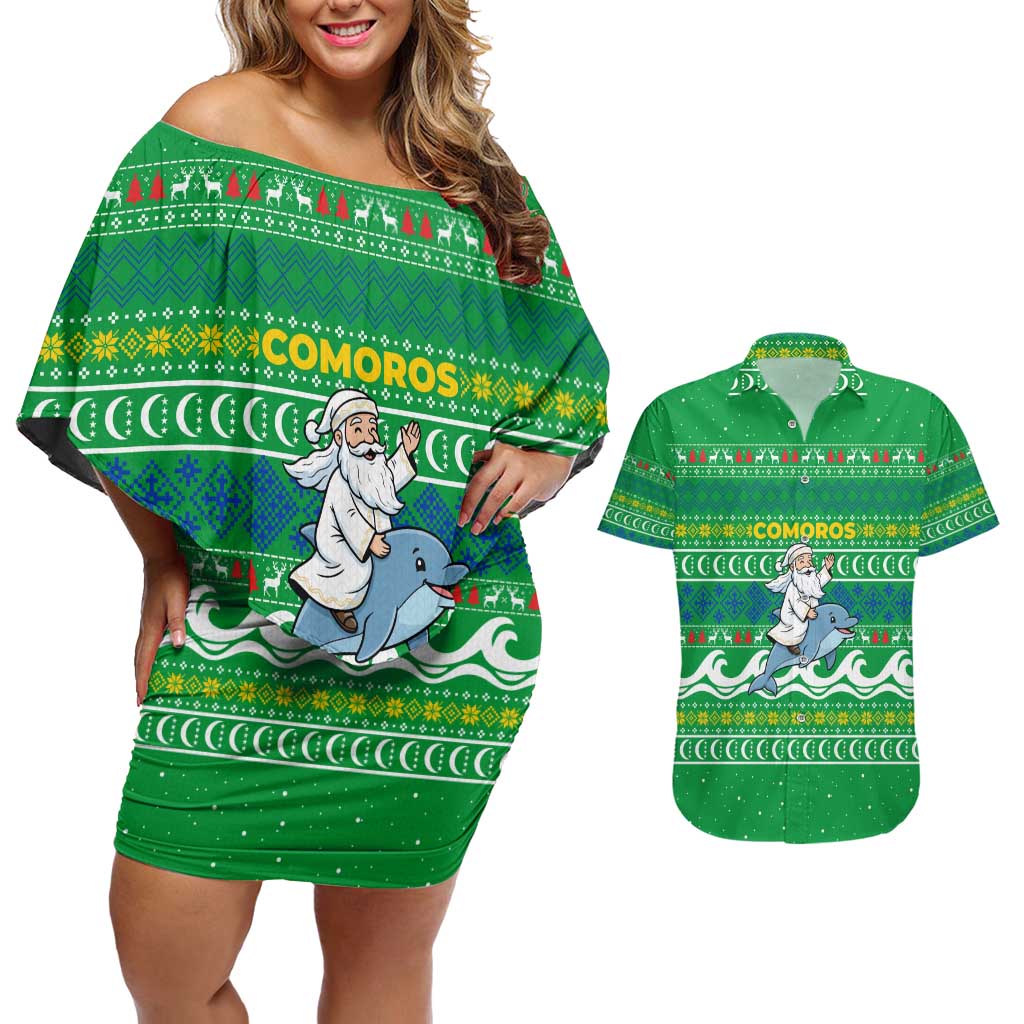 Comoros Christmas Couples Matching Off Shoulder Short Dress and Hawaiian Shirt with Santa Riding Dolphin Ocean Waves Crescent Moon and Tribal Pattern - Wonder Print Shop