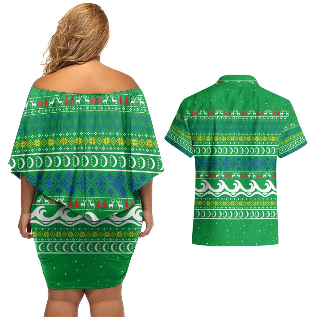 Comoros Christmas Couples Matching Off Shoulder Short Dress and Hawaiian Shirt with Santa Riding Dolphin Ocean Waves Crescent Moon and Tribal Pattern - Wonder Print Shop