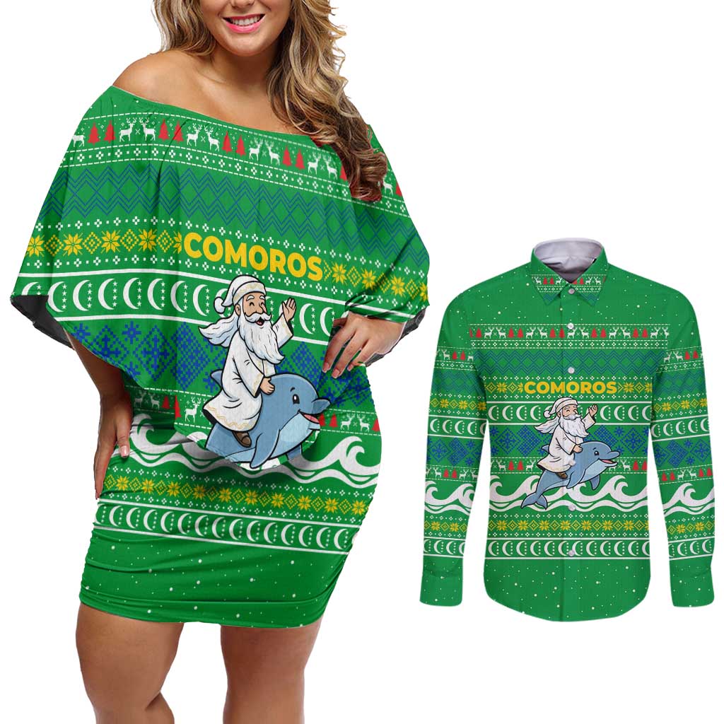 Comoros Christmas Couples Matching Off Shoulder Short Dress and Long Sleeve Button Shirt with Santa Riding Dolphin Ocean Waves Crescent Moon and Tribal Pattern - Wonder Print Shop