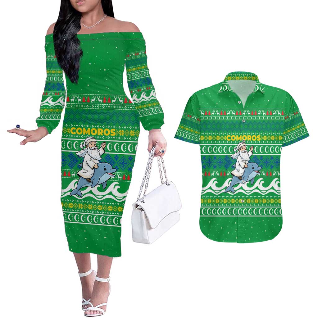 Comoros Christmas Couples Matching Off The Shoulder Long Sleeve Dress and Hawaiian Shirt with Santa Riding Dolphin Ocean Waves Crescent Moon and Tribal Pattern - Wonder Print Shop