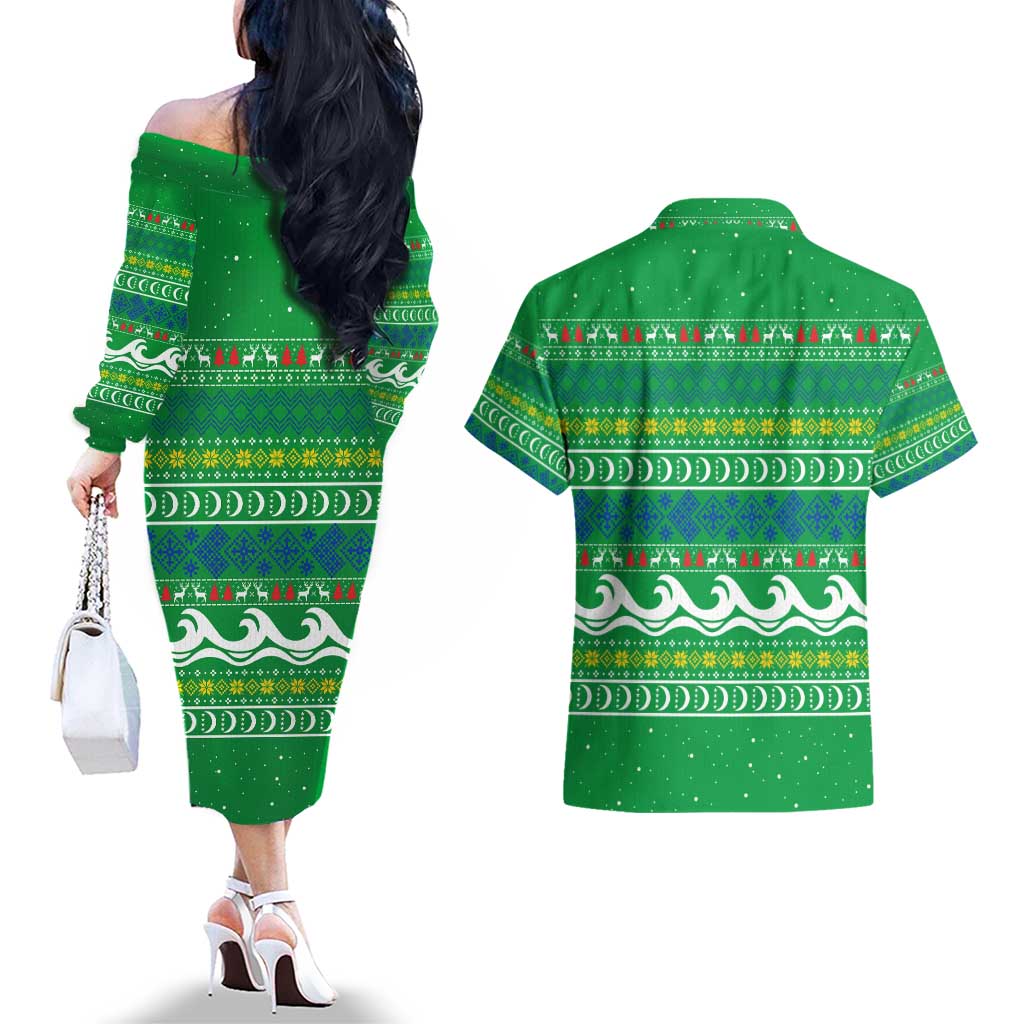 Comoros Christmas Couples Matching Off The Shoulder Long Sleeve Dress and Hawaiian Shirt with Santa Riding Dolphin Ocean Waves Crescent Moon and Tribal Pattern - Wonder Print Shop