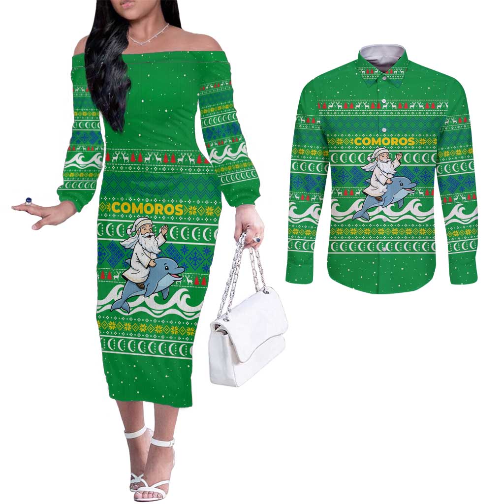 Comoros Christmas Couples Matching Off The Shoulder Long Sleeve Dress and Long Sleeve Button Shirt with Santa Riding Dolphin Ocean Waves Crescent Moon and Tribal Pattern - Wonder Print Shop