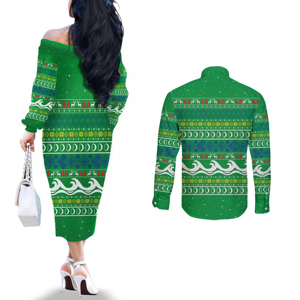 Comoros Christmas Couples Matching Off The Shoulder Long Sleeve Dress and Long Sleeve Button Shirt with Santa Riding Dolphin Ocean Waves Crescent Moon and Tribal Pattern - Wonder Print Shop