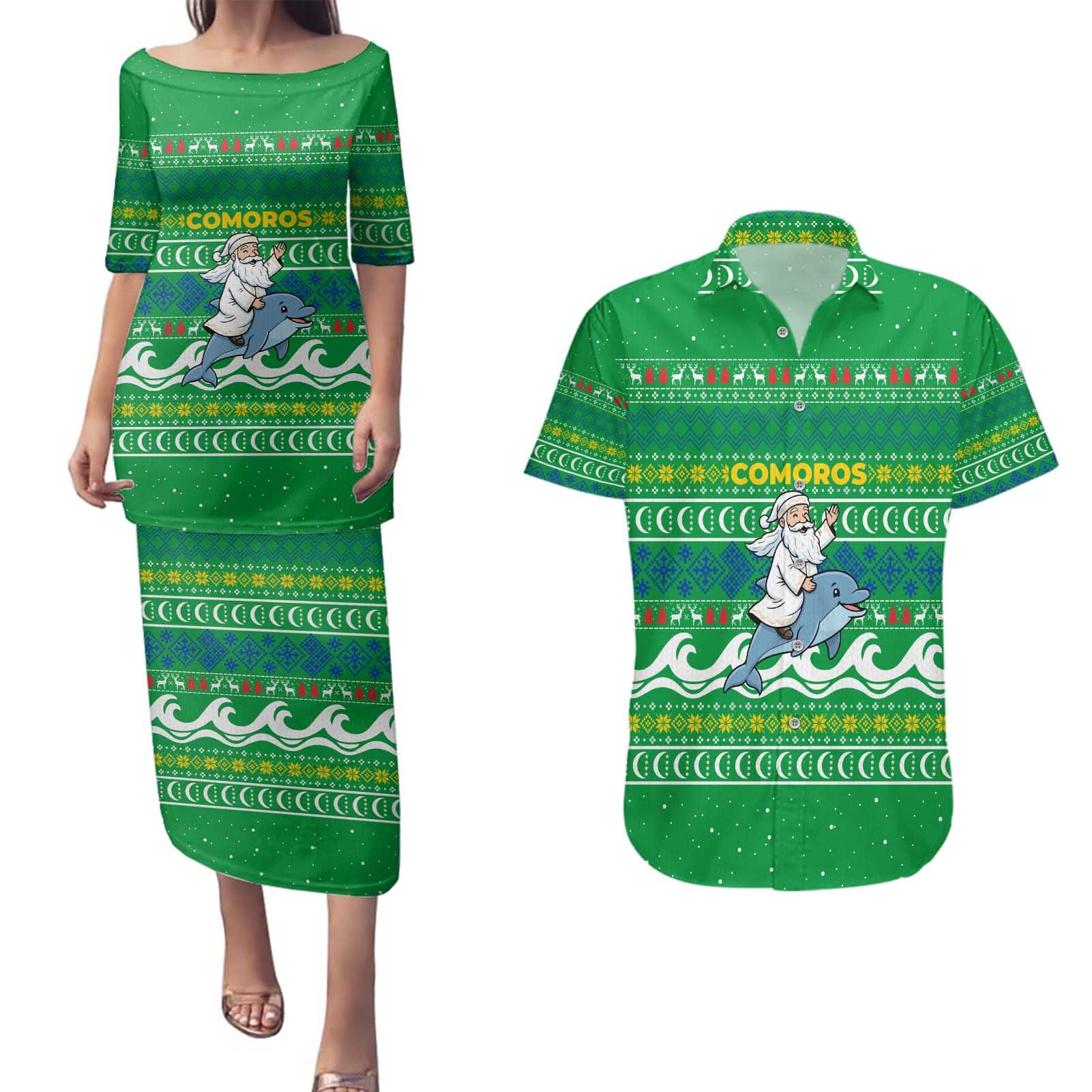 Comoros Christmas Couples Matching Puletasi and Hawaiian Shirt with Santa Riding Dolphin Ocean Waves Crescent Moon and Tribal Pattern - Wonder Print Shop