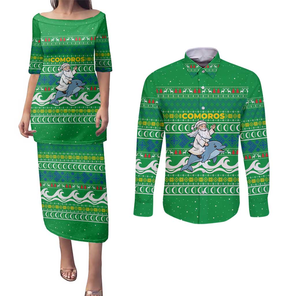 Comoros Christmas Couples Matching Puletasi and Long Sleeve Button Shirt with Santa Riding Dolphin Ocean Waves Crescent Moon and Tribal Pattern - Wonder Print Shop