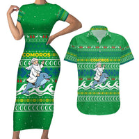 Comoros Christmas Couples Matching Short Sleeve Bodycon Dress and Hawaiian Shirt with Santa Riding Dolphin Ocean Waves Crescent Moon and Tribal Pattern - Wonder Print Shop