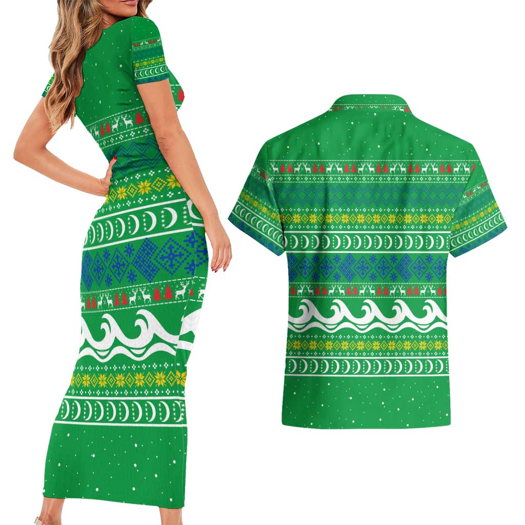Comoros Christmas Couples Matching Short Sleeve Bodycon Dress and Hawaiian Shirt with Santa Riding Dolphin Ocean Waves Crescent Moon and Tribal Pattern - Wonder Print Shop