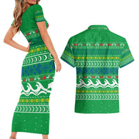 Comoros Christmas Couples Matching Short Sleeve Bodycon Dress and Hawaiian Shirt with Santa Riding Dolphin Ocean Waves Crescent Moon and Tribal Pattern - Wonder Print Shop
