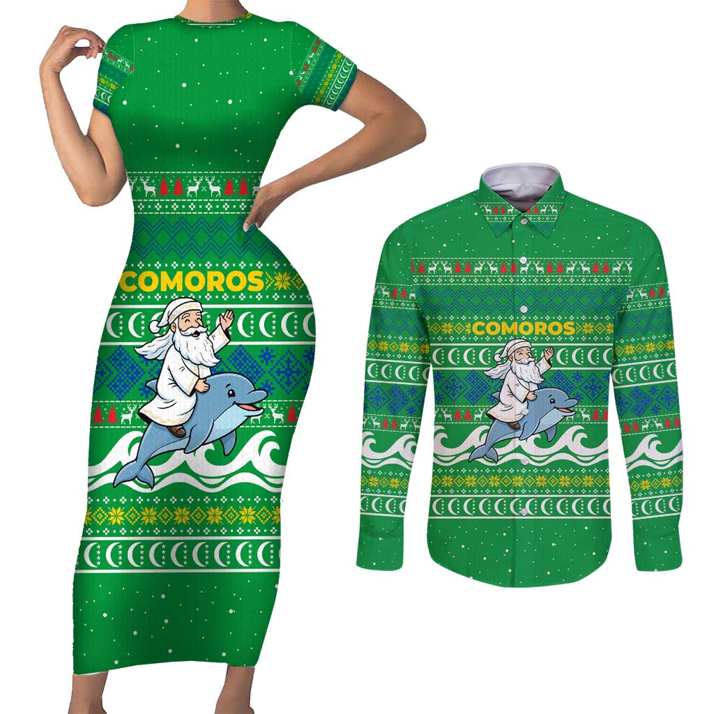 Comoros Christmas Couples Matching Short Sleeve Bodycon Dress and Long Sleeve Button Shirt with Santa Riding Dolphin Ocean Waves Crescent Moon and Tribal Pattern - Wonder Print Shop