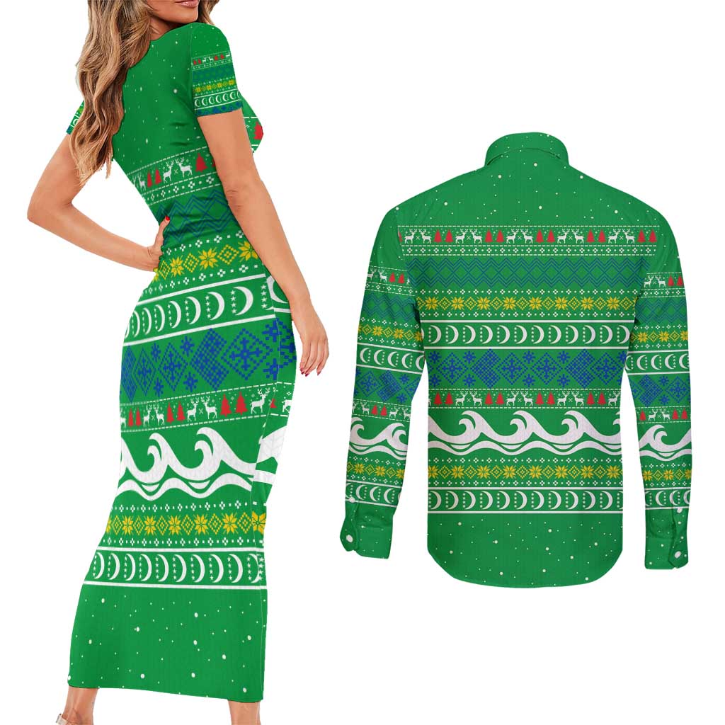 Comoros Christmas Couples Matching Short Sleeve Bodycon Dress and Long Sleeve Button Shirt with Santa Riding Dolphin Ocean Waves Crescent Moon and Tribal Pattern - Wonder Print Shop