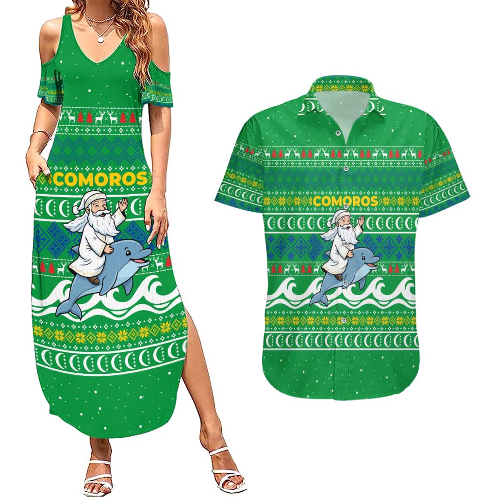 Comoros Christmas Couples Matching Summer Maxi Dress and Hawaiian Shirt with Santa Riding Dolphin Ocean Waves Crescent Moon and Tribal Pattern - Wonder Print Shop