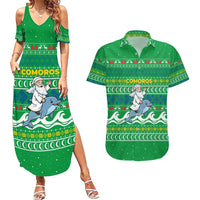 Comoros Christmas Couples Matching Summer Maxi Dress and Hawaiian Shirt with Santa Riding Dolphin Ocean Waves Crescent Moon and Tribal Pattern - Wonder Print Shop