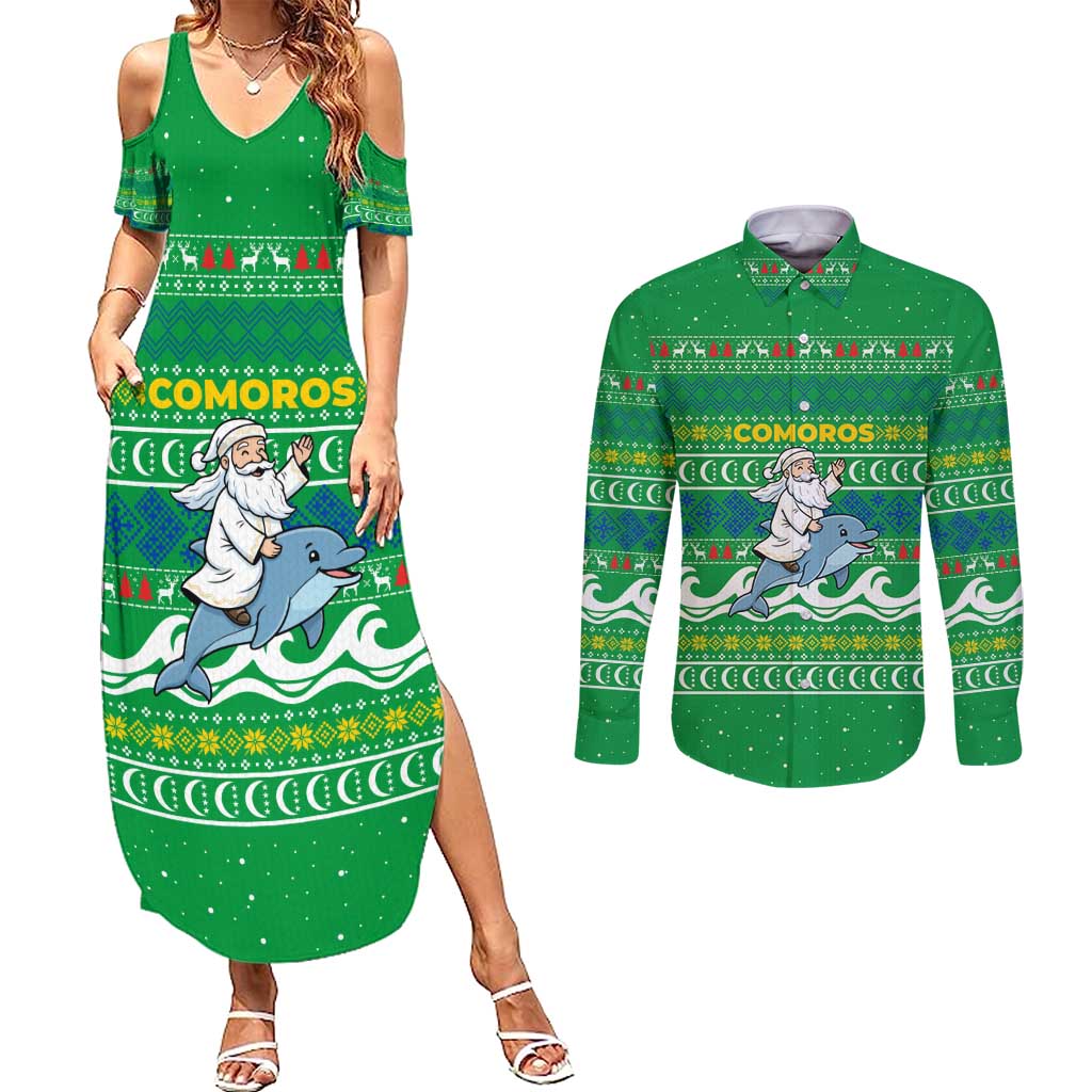 Comoros Christmas Couples Matching Summer Maxi Dress and Long Sleeve Button Shirt with Santa Riding Dolphin Ocean Waves Crescent Moon and Tribal Pattern - Wonder Print Shop
