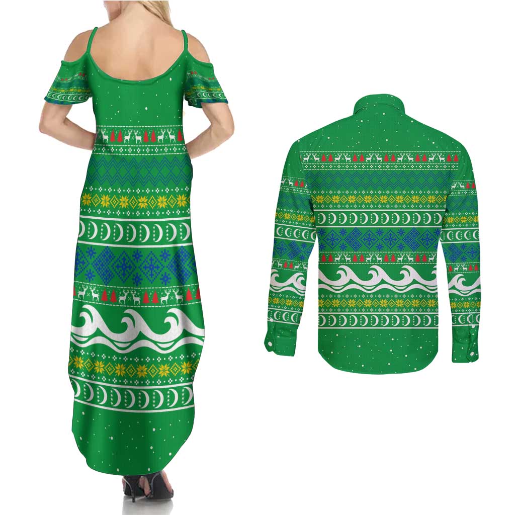 Comoros Christmas Couples Matching Summer Maxi Dress and Long Sleeve Button Shirt with Santa Riding Dolphin Ocean Waves Crescent Moon and Tribal Pattern - Wonder Print Shop