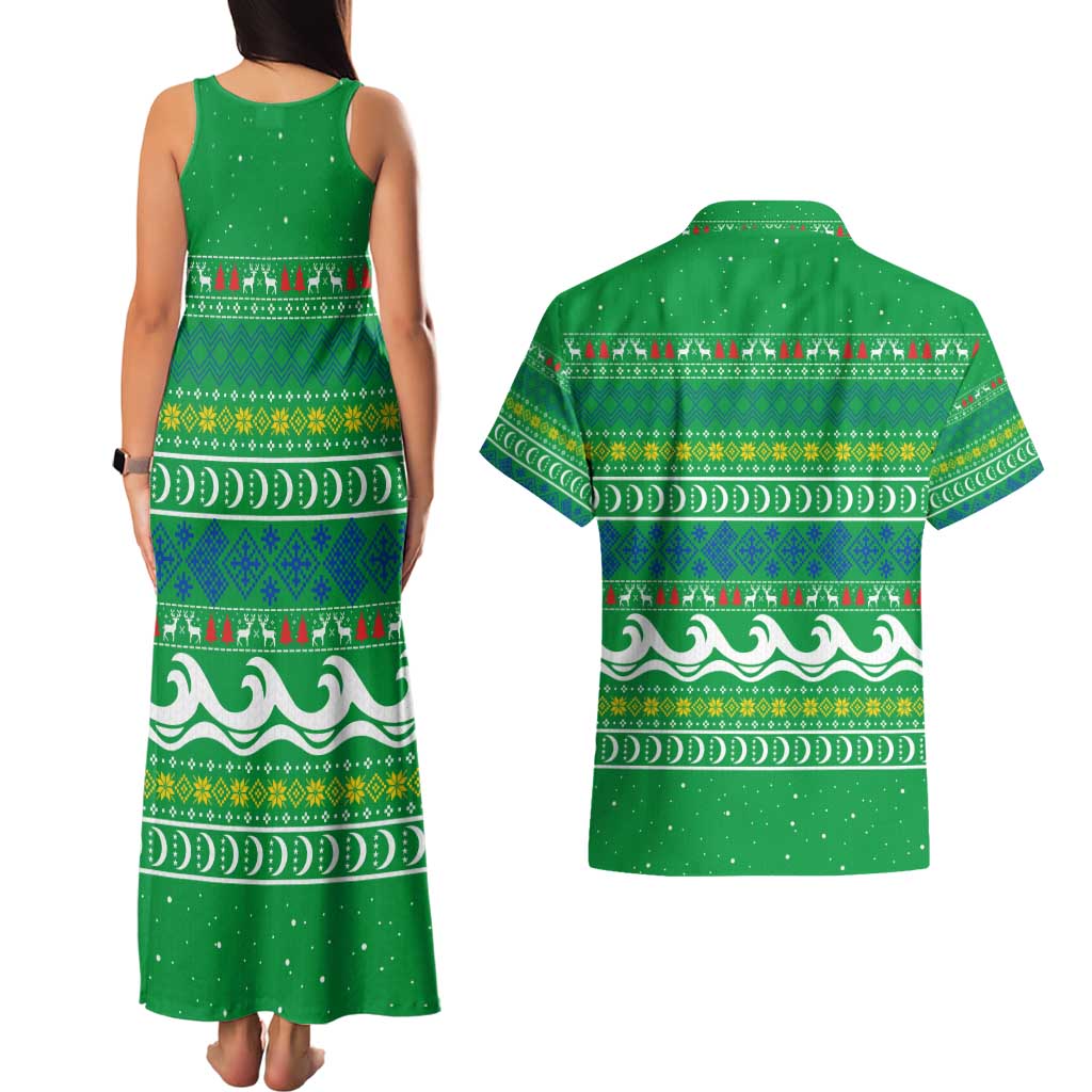 Comoros Christmas Couples Matching Tank Maxi Dress and Hawaiian Shirt with Santa Riding Dolphin Ocean Waves Crescent Moon and Tribal Pattern - Wonder Print Shop
