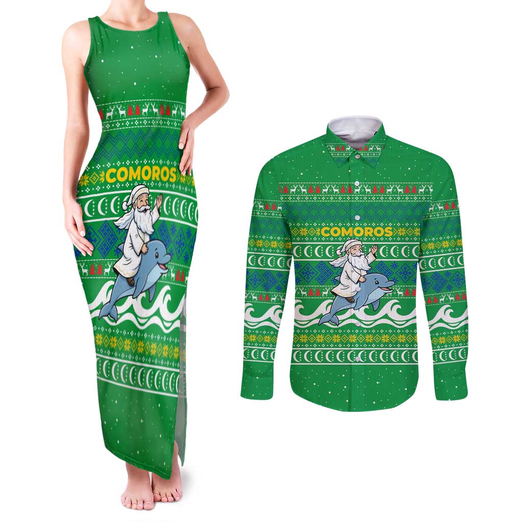 Comoros Christmas Couples Matching Tank Maxi Dress and Long Sleeve Button Shirt with Santa Riding Dolphin Ocean Waves Crescent Moon and Tribal Pattern - Wonder Print Shop