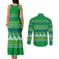 Comoros Christmas Couples Matching Tank Maxi Dress and Long Sleeve Button Shirt with Santa Riding Dolphin Ocean Waves Crescent Moon and Tribal Pattern - Wonder Print Shop
