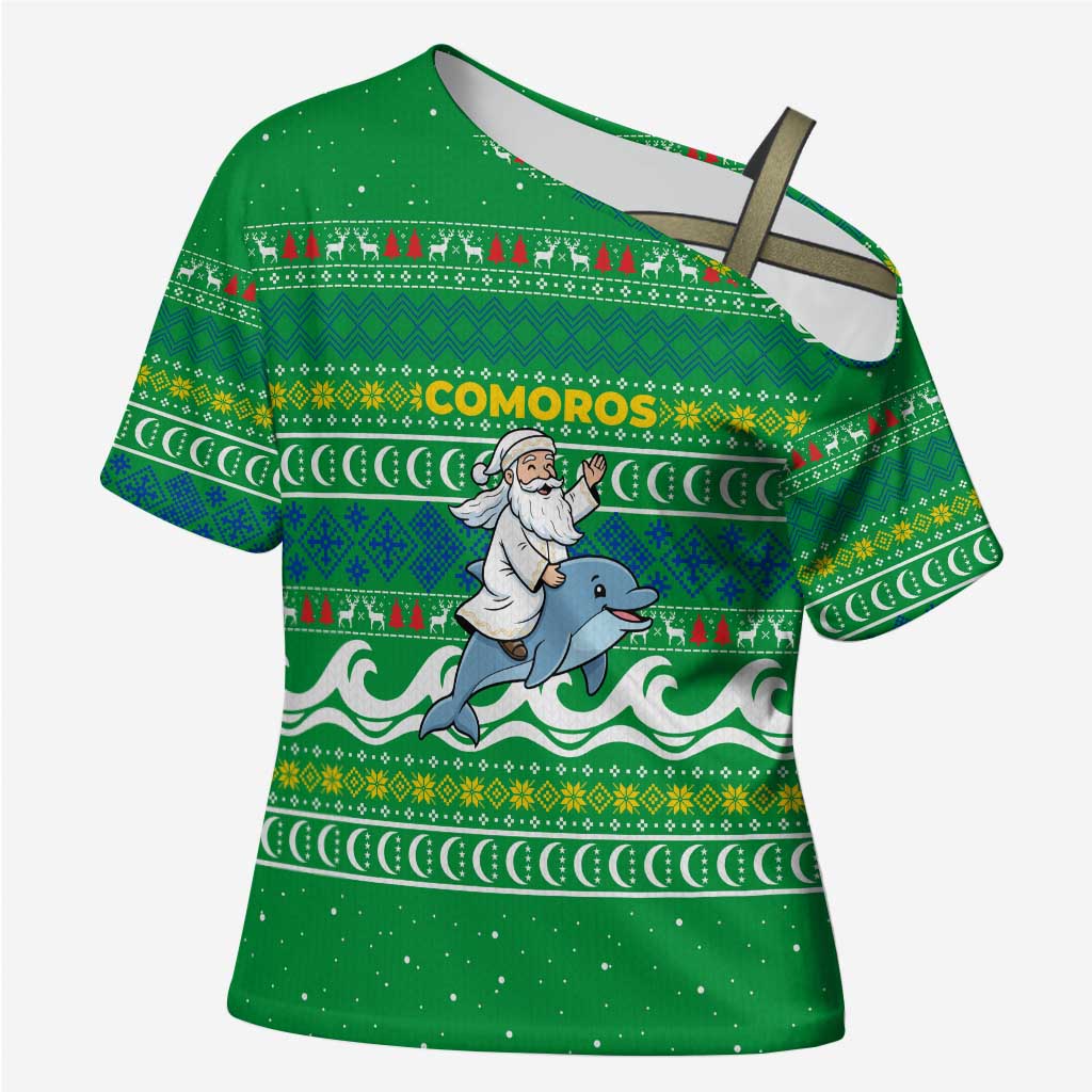 Comoros Christmas Cross Shoulder Shirt with Santa Riding Dolphin Ocean Waves Crescent Moon and Tribal Pattern - Wonder Print Shop