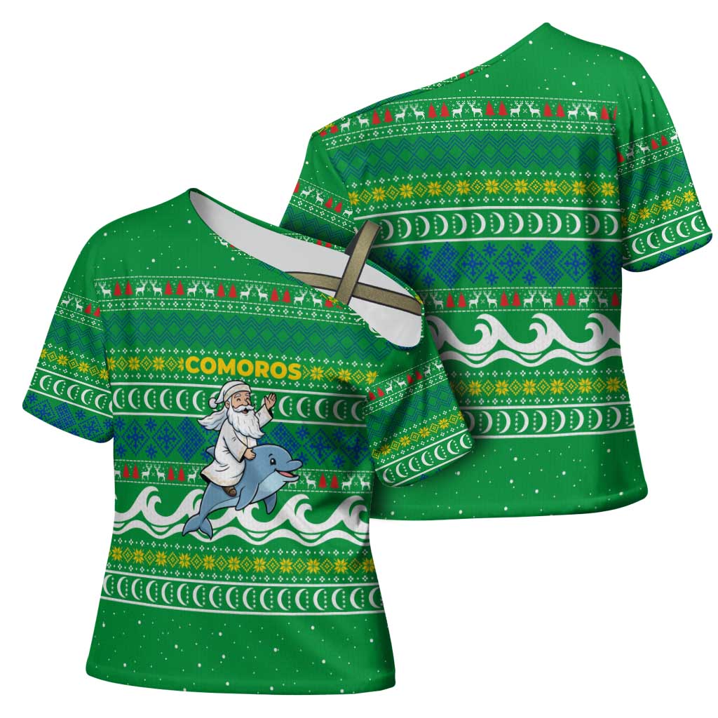 Comoros Christmas Cross Shoulder Shirt with Santa Riding Dolphin Ocean Waves Crescent Moon and Tribal Pattern - Wonder Print Shop