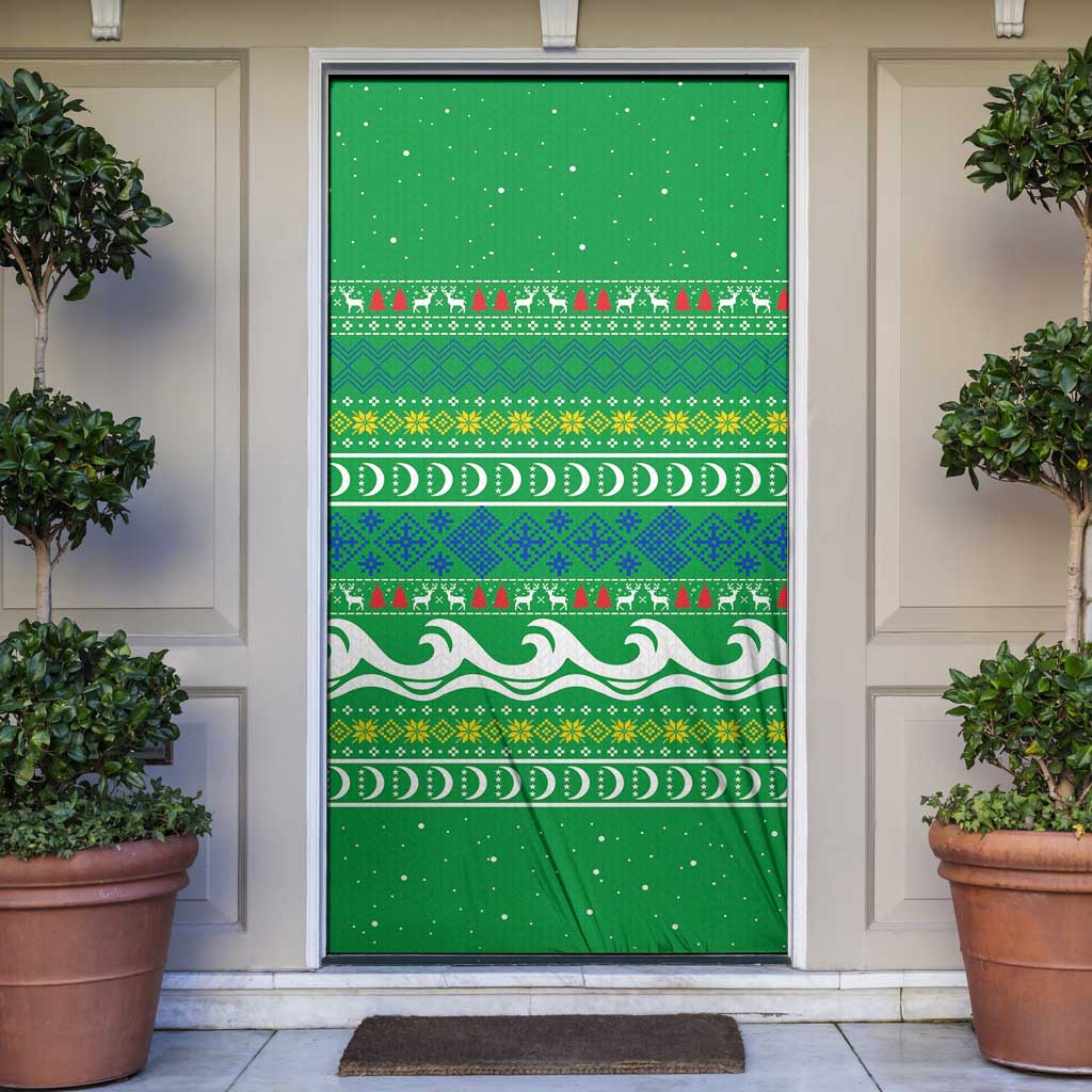 Comoros Christmas Door Cover with Santa Riding Dolphin Ocean Waves Crescent Moon and Tribal Pattern - Wonder Print Shop