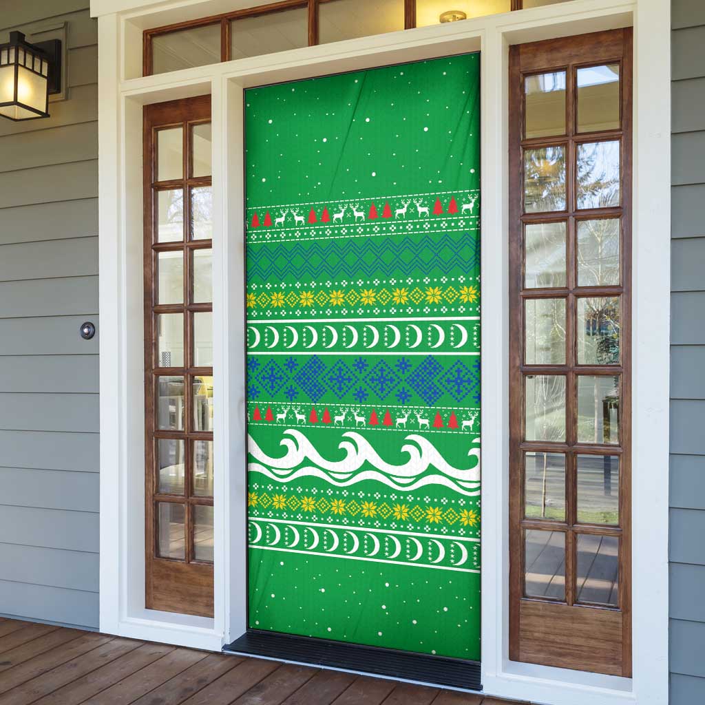 Comoros Christmas Door Cover with Santa Riding Dolphin Ocean Waves Crescent Moon and Tribal Pattern - Wonder Print Shop