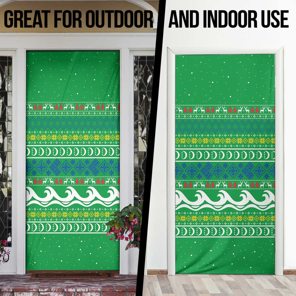 Comoros Christmas Door Cover with Santa Riding Dolphin Ocean Waves Crescent Moon and Tribal Pattern - Wonder Print Shop