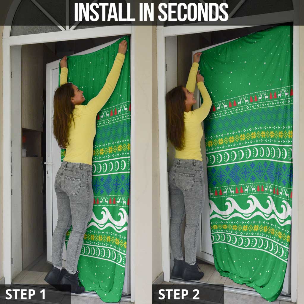 Comoros Christmas Door Cover with Santa Riding Dolphin Ocean Waves Crescent Moon and Tribal Pattern - Wonder Print Shop