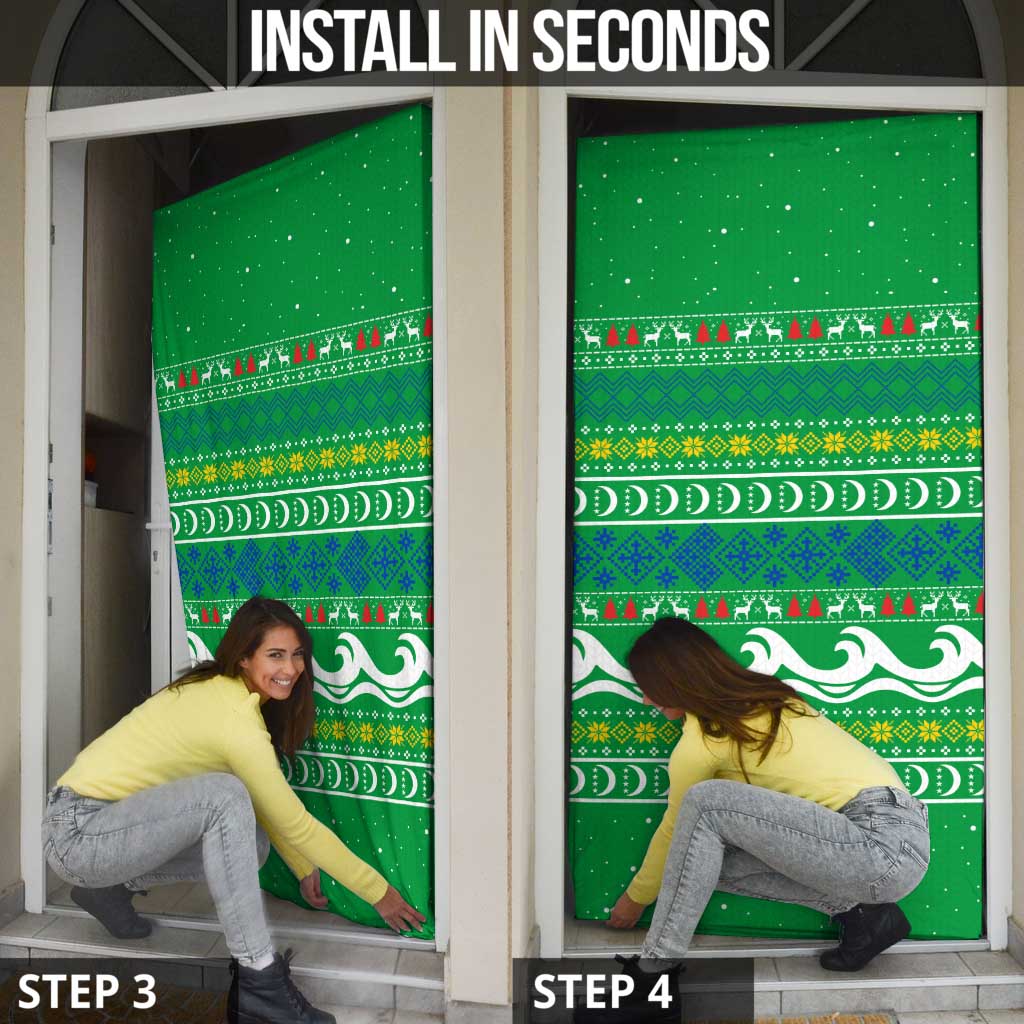 Comoros Christmas Door Cover with Santa Riding Dolphin Ocean Waves Crescent Moon and Tribal Pattern - Wonder Print Shop