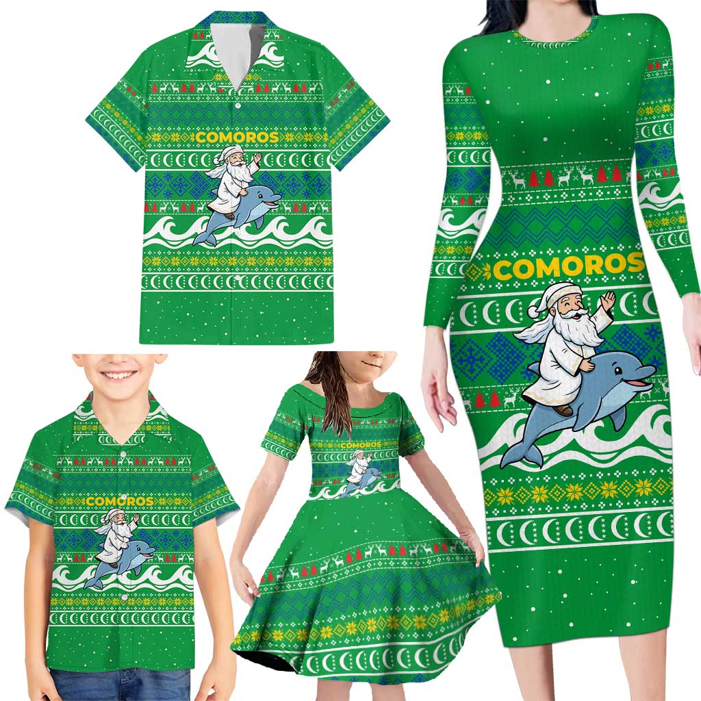 Comoros Christmas Family Matching Long Sleeve Bodycon Dress and Hawaiian Shirt with Santa Riding Dolphin Ocean Waves Crescent Moon and Tribal Pattern - Wonder Print Shop