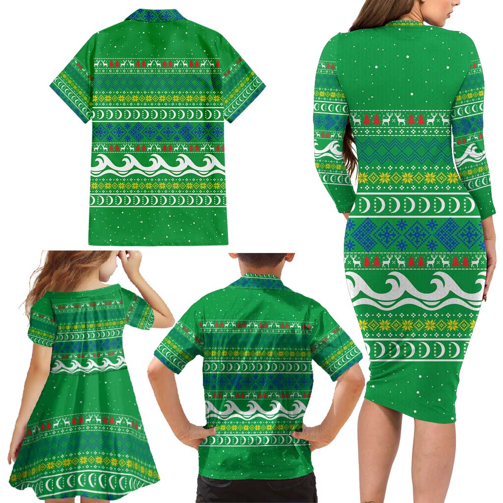 Comoros Christmas Family Matching Long Sleeve Bodycon Dress and Hawaiian Shirt with Santa Riding Dolphin Ocean Waves Crescent Moon and Tribal Pattern - Wonder Print Shop