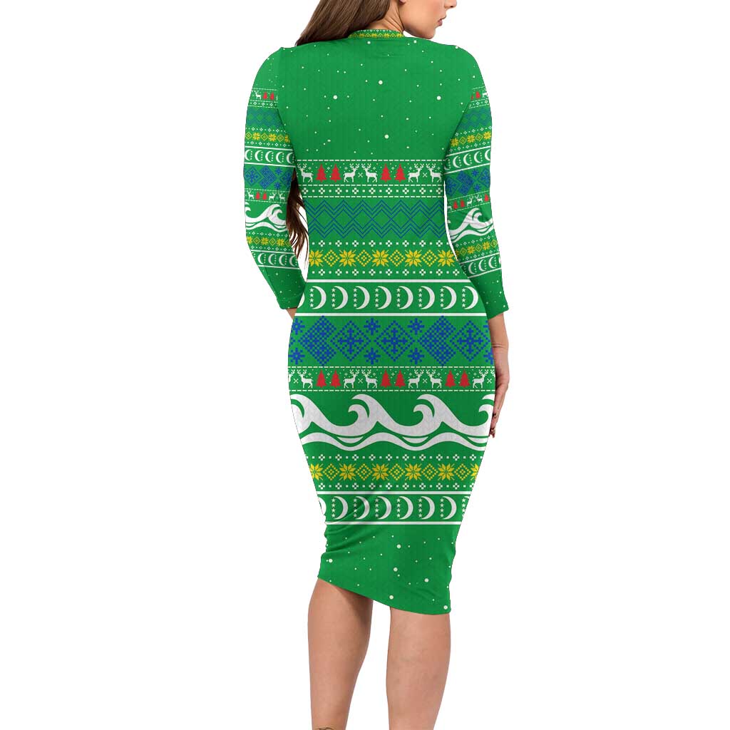 Comoros Christmas Family Matching Long Sleeve Bodycon Dress and Hawaiian Shirt with Santa Riding Dolphin Ocean Waves Crescent Moon and Tribal Pattern - Wonder Print Shop