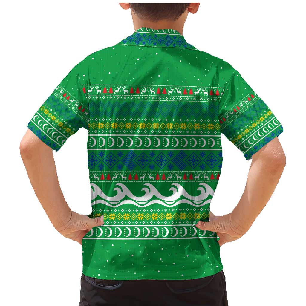 Comoros Christmas Family Matching Mermaid Dress and Hawaiian Shirt with Santa Riding Dolphin Ocean Waves Crescent Moon and Tribal Pattern - Wonder Print Shop