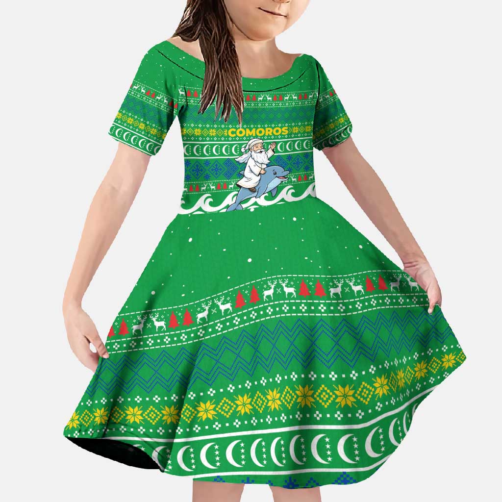 Comoros Christmas Family Matching Mermaid Dress and Hawaiian Shirt with Santa Riding Dolphin Ocean Waves Crescent Moon and Tribal Pattern - Wonder Print Shop