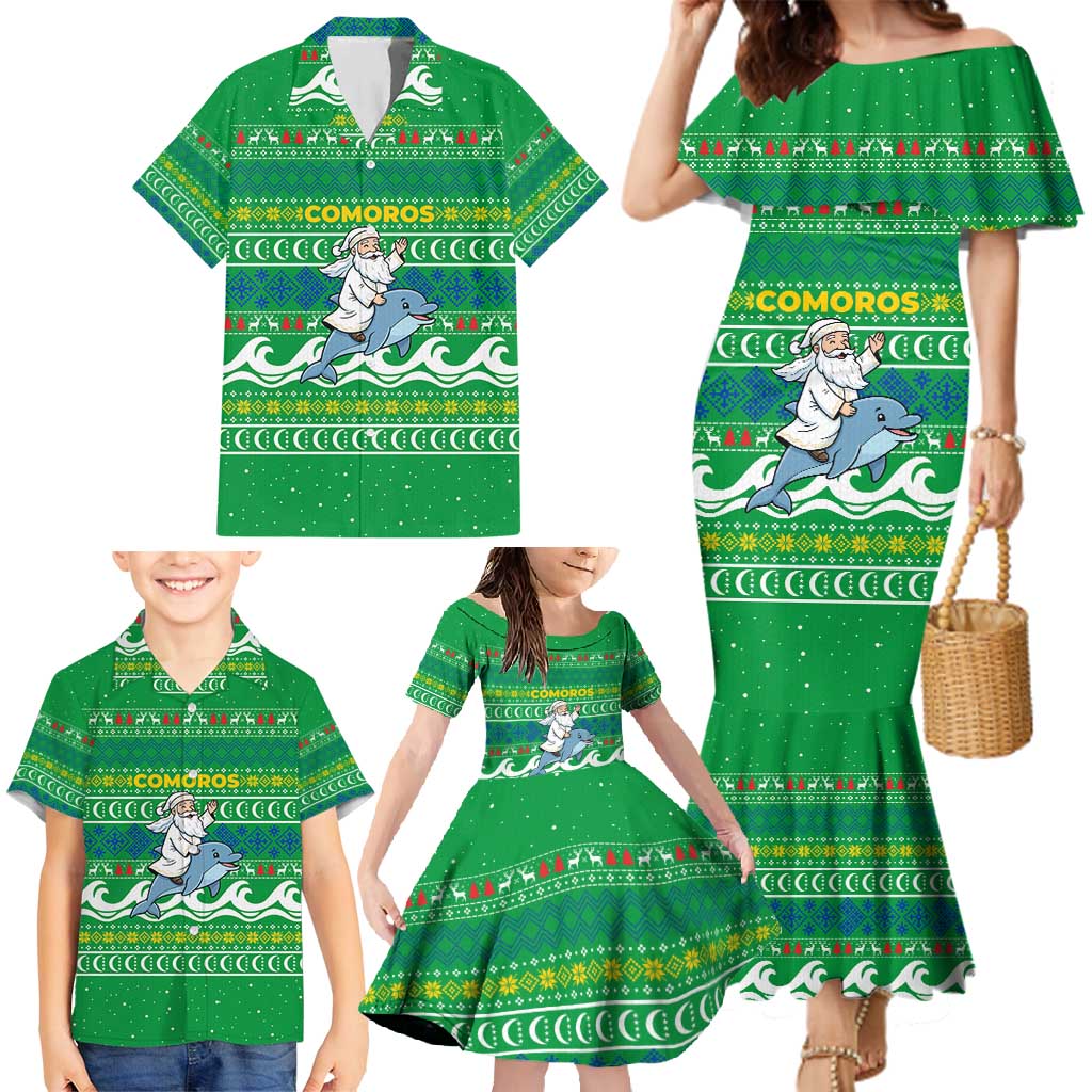 Comoros Christmas Family Matching Mermaid Dress and Hawaiian Shirt with Santa Riding Dolphin Ocean Waves Crescent Moon and Tribal Pattern - Wonder Print Shop