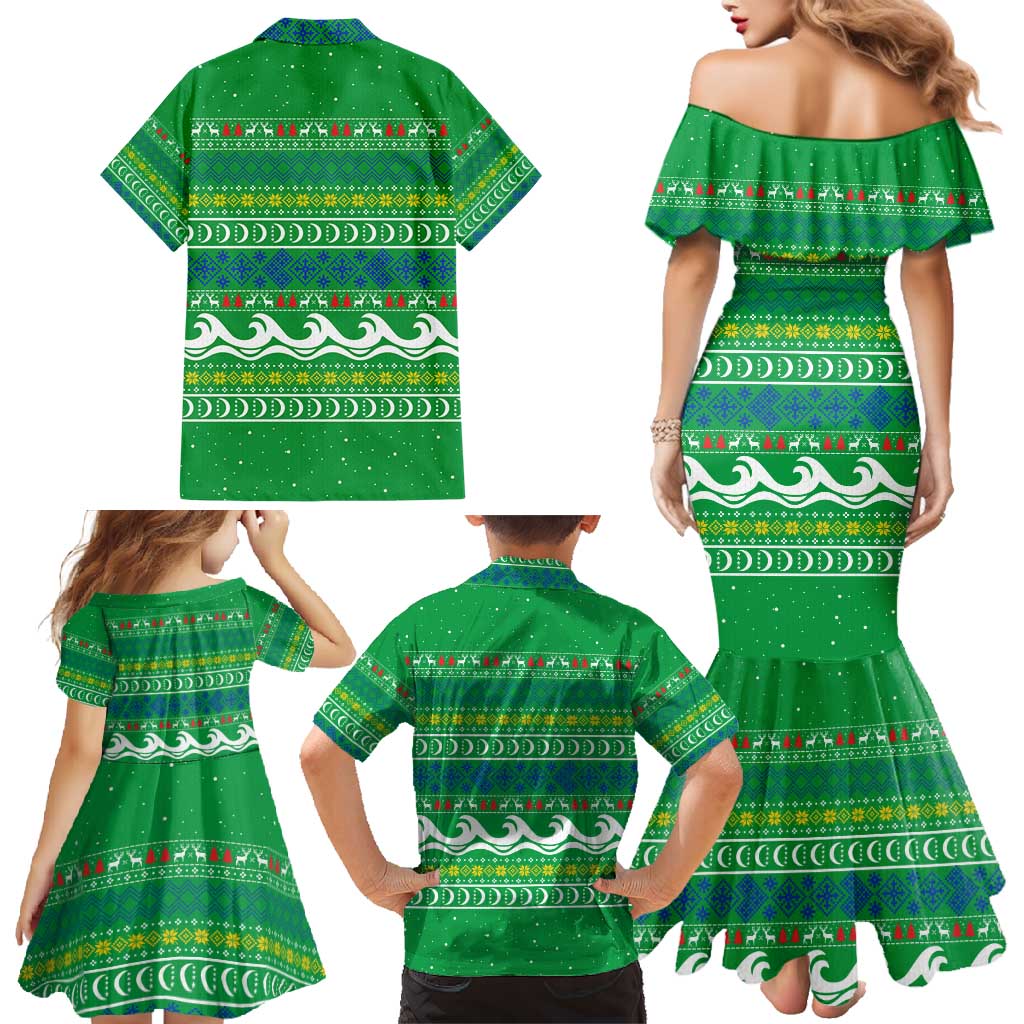 Comoros Christmas Family Matching Mermaid Dress and Hawaiian Shirt with Santa Riding Dolphin Ocean Waves Crescent Moon and Tribal Pattern - Wonder Print Shop